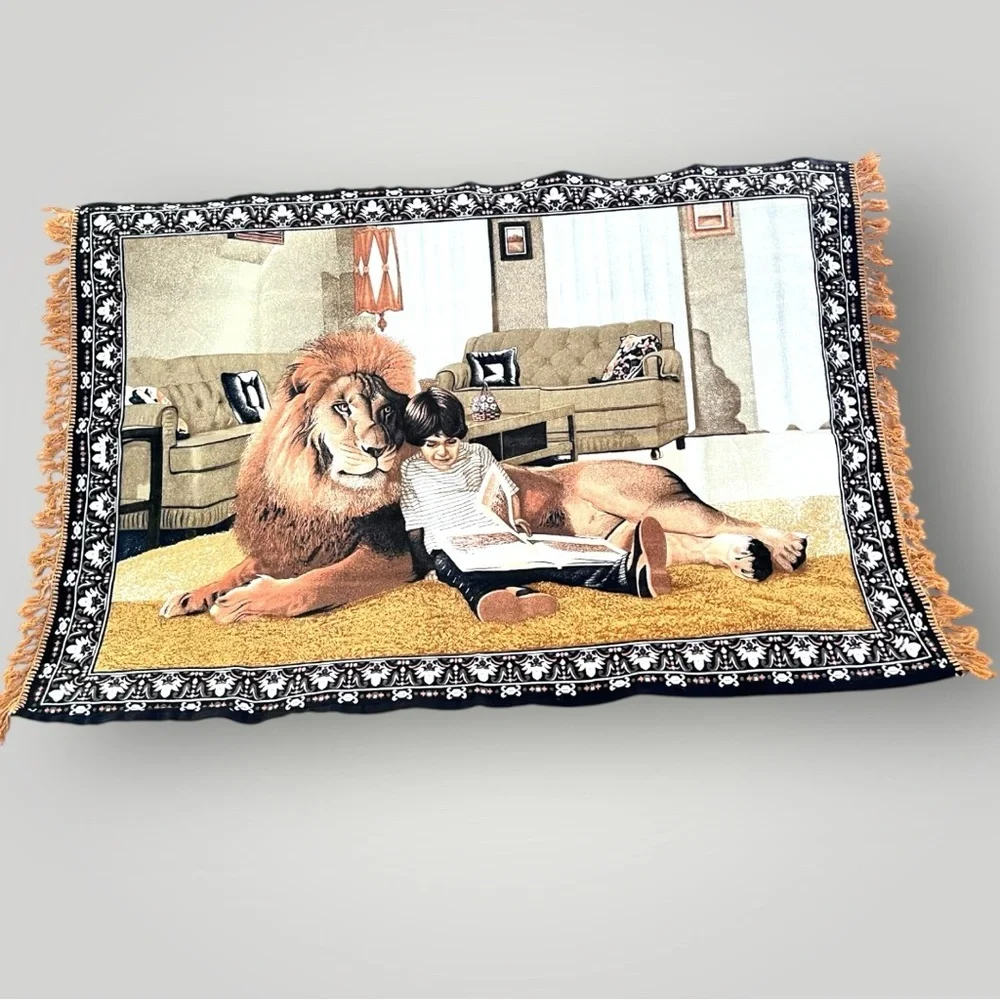 Vintage Decorative Tapestry Lion Child Reading Book
